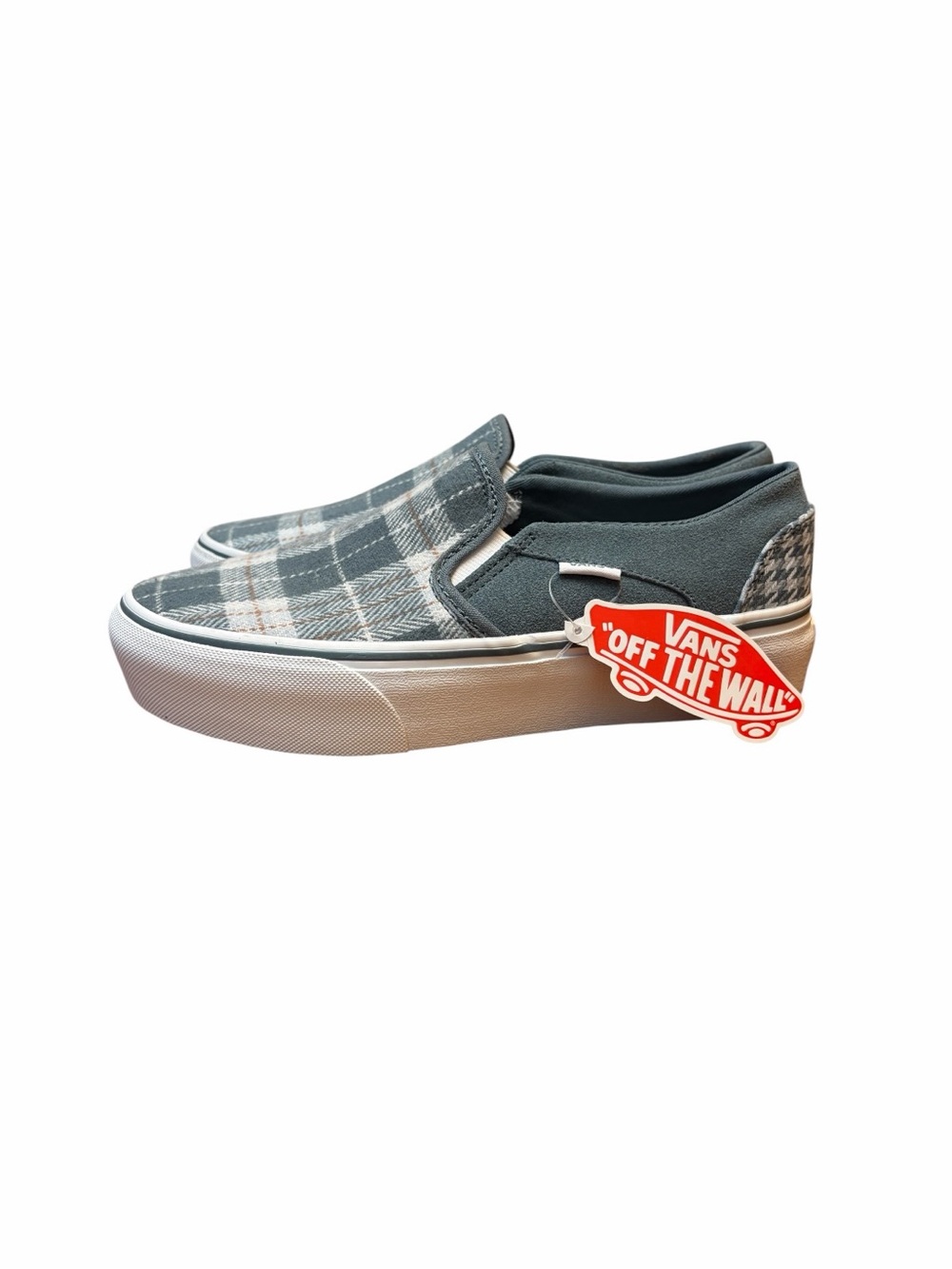 Vans Women's Gray and White Plaid Slip-On Sneakers
